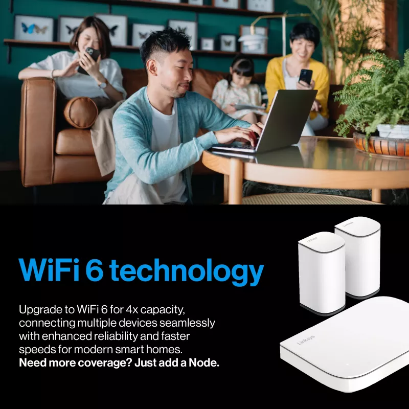 Linksys Velop Micro 6 tinklo sistema – Dviejų juostų WiFi 6 AX3000 (3 vnt.)