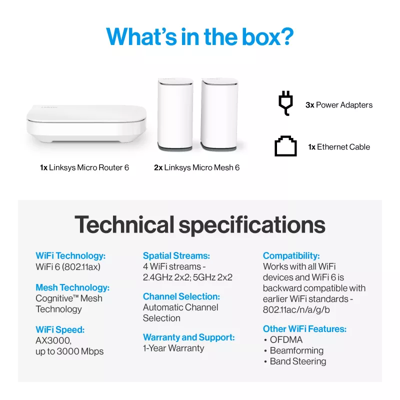 Linksys Velop Micro 6 tinklo sistema – Dviejų juostų WiFi 6 AX3000 (3 vnt.)