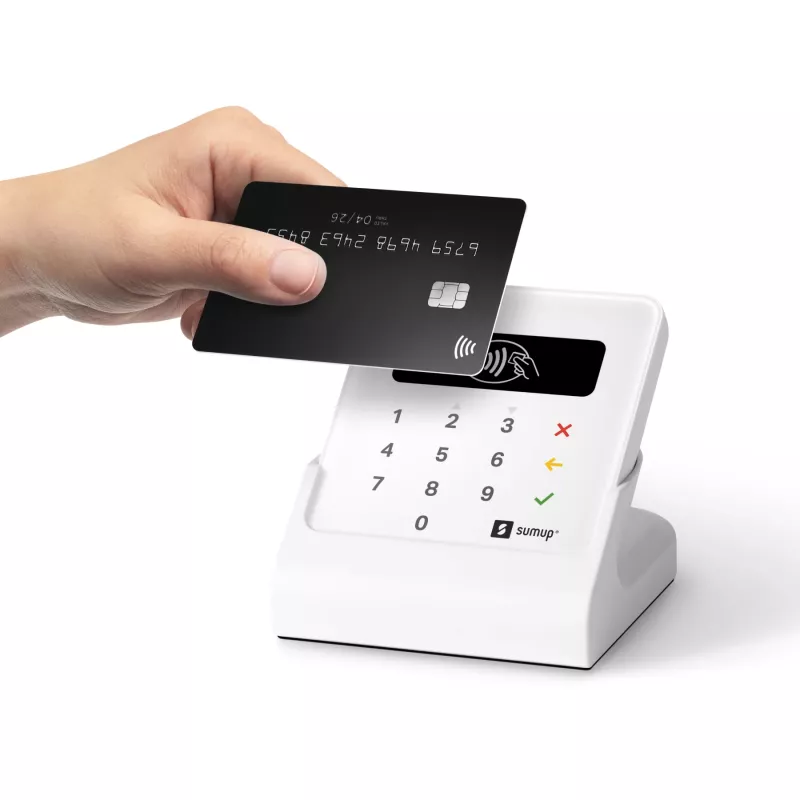 SumUp Air kortelių skaitytuvas su stoveliu, Bluetooth, NFC, 1 m, baltas, 141 g