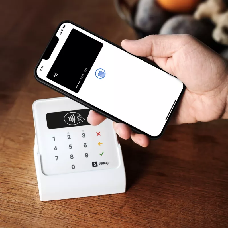 SumUp Air kortelių skaitytuvas su stoveliu, Bluetooth, NFC, 1 m, baltas, 141 g