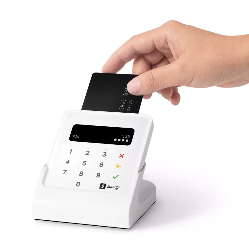 SumUp Air kortelių skaitytuvas su stoveliu, Bluetooth, NFC, 1 m, baltas, 141 g
