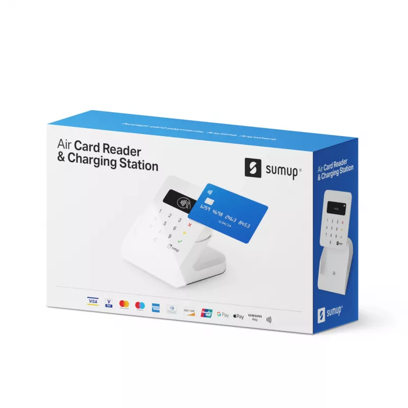 SumUp Air kortelių skaitytuvas su stoveliu, Bluetooth, NFC, 1 m, baltas, 141 g