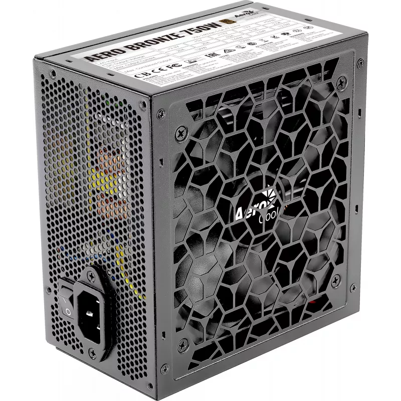 Kompiuterio maitinimo blokas AEROCOOL AEROB750 750W 80 PLUS Bronze Nemodulinis 230V Juodas Tylus