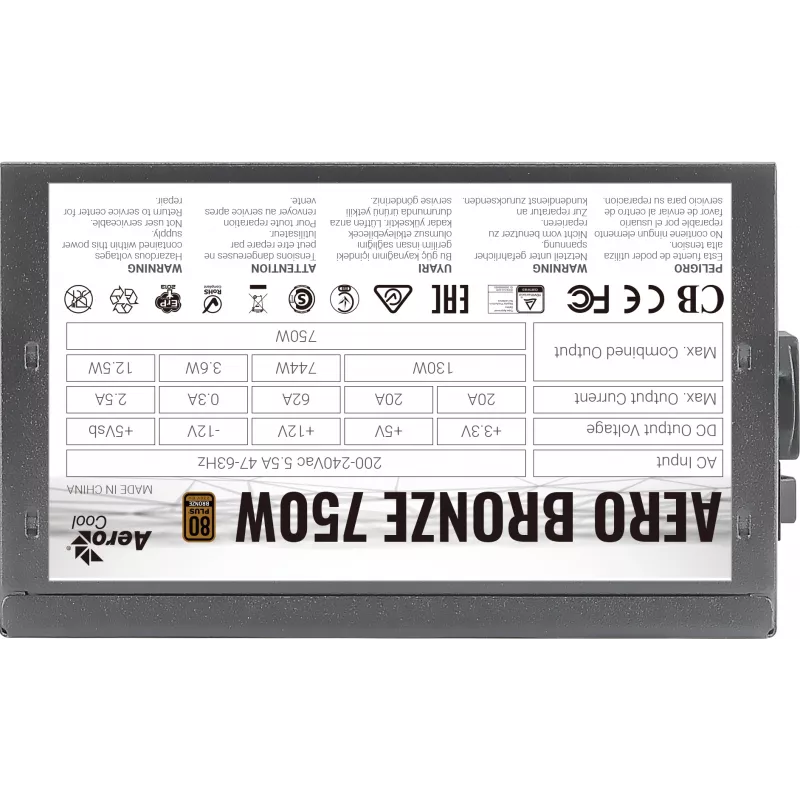 Kompiuterio maitinimo blokas AEROCOOL AEROB750 750W 80 PLUS Bronze Nemodulinis 230V Juodas Tylus