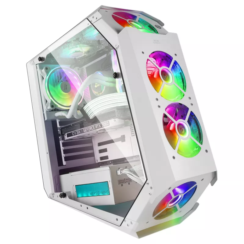 Mars Gaming MC51W White – Baltas PC korpusas ATX su dvigubu grūdintu stiklu ir 5x RGB 12cm ventiliatoriais