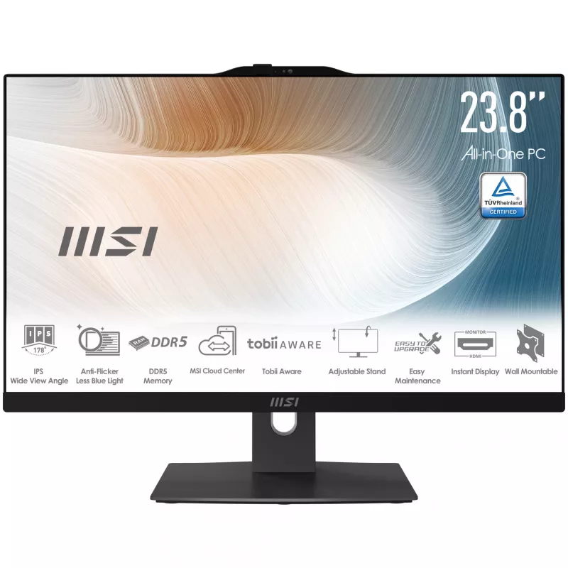 MSI Modern AM242TP 1M-1230EU „Viskas viename“ kompiuteris su 23,8 colių liečiamu IPS ekranu, Intel Core 3 100U, 8 GB DDR5, 256 GB SSD, Windows 11 Pro, juodas