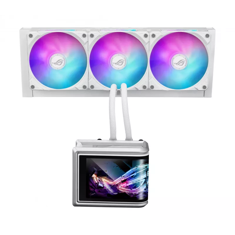 All-in-one skystas aušintuvas ASUS ROG Ryuo IV SLC 360 ARGB White Edition — 360 mm radiatorius, 3×120 mm ventiliatoriai, AMOLED ekranas, LGA 1700 palaikymas