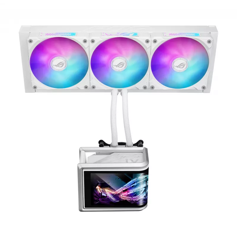 All-in-one skystas aušintuvas ASUS ROG Ryuo IV SLC 360 ARGB White Edition — 360 mm radiatorius, 3×120 mm ventiliatoriai, AMOLED ekranas, LGA 1700 palaikymas