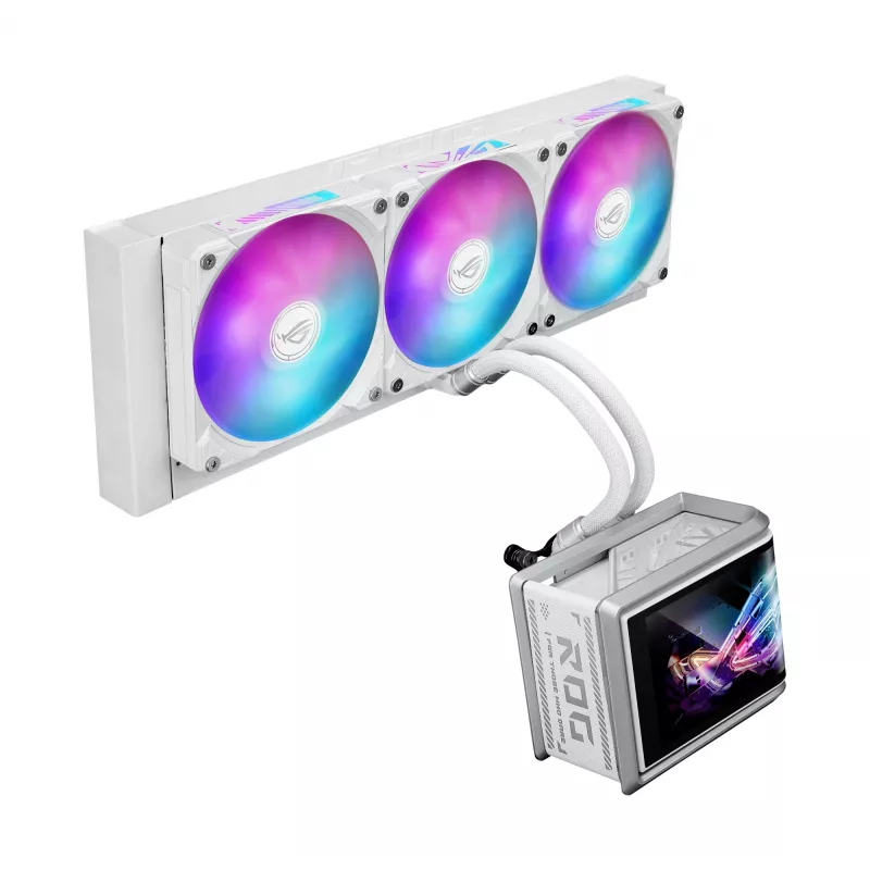 All-in-one skystas aušintuvas ASUS ROG Ryuo IV SLC 360 ARGB White Edition — 360 mm radiatorius, 3×120 mm ventiliatoriai, AMOLED ekranas, LGA 1700 palaikymas