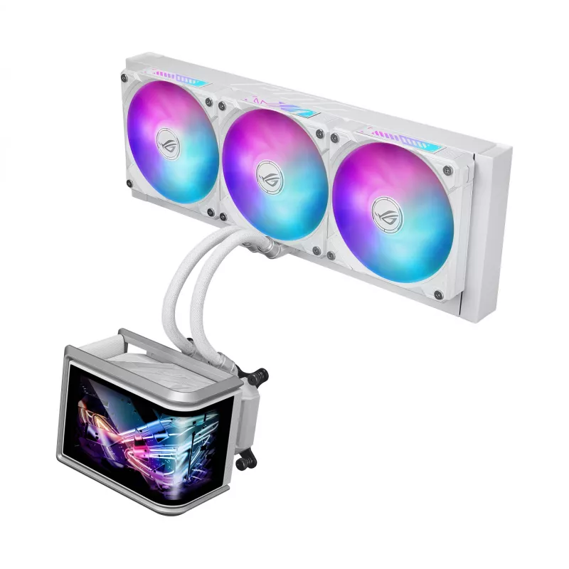 All-in-one skystas aušintuvas ASUS ROG Ryuo IV SLC 360 ARGB White Edition — 360 mm radiatorius, 3×120 mm ventiliatoriai, AMOLED ekranas, LGA 1700 palaikymas