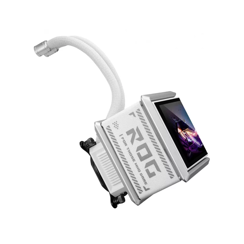 All-in-one skystas aušintuvas ASUS ROG Ryuo IV SLC 360 ARGB White Edition — 360 mm radiatorius, 3×120 mm ventiliatoriai, AMOLED ekranas, LGA 1700 palaikymas