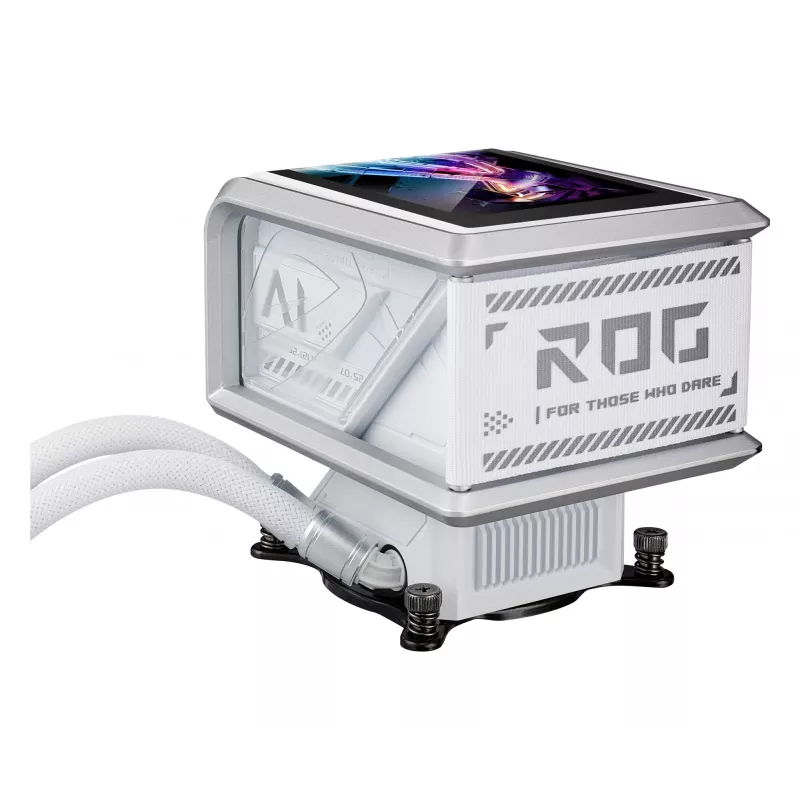 All-in-one skystas aušintuvas ASUS ROG Ryuo IV SLC 360 ARGB White Edition — 360 mm radiatorius, 3×120 mm ventiliatoriai, AMOLED ekranas, LGA 1700 palaikymas