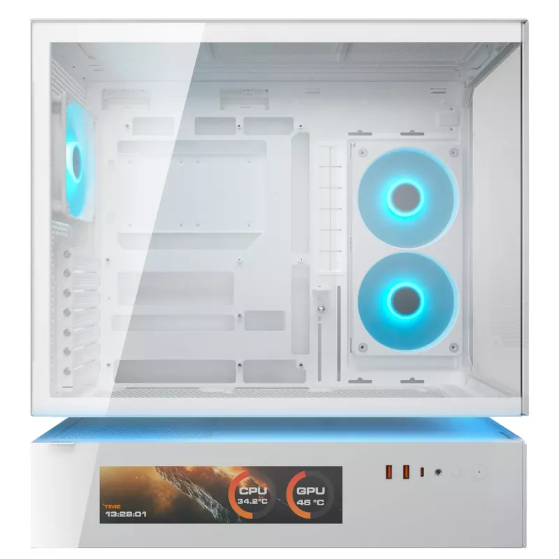 COUGAR CFV235 Vision midi bokštas ARGB, 9.16 colio LCD, grūdintas stiklas, baltas, ATX/Micro-ITX, 2x3.5 colio + 2x2.5 colio