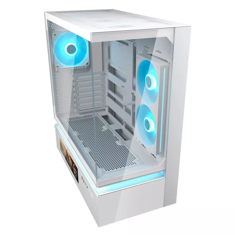 COUGAR CFV235 Vision midi bokštas ARGB, 9.16 colio LCD, grūdintas stiklas, baltas, ATX/Micro-ITX, 2x3.5 colio + 2x2.5 colio