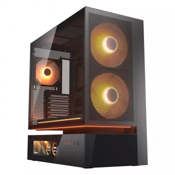 COUGAR CFV235 Vision Midi Tower korpusas — ARGB, 9.16 colio LCD 1920×462, tinklelis, priekyje 2×160 mm, gale 1×120 mm, juodas
