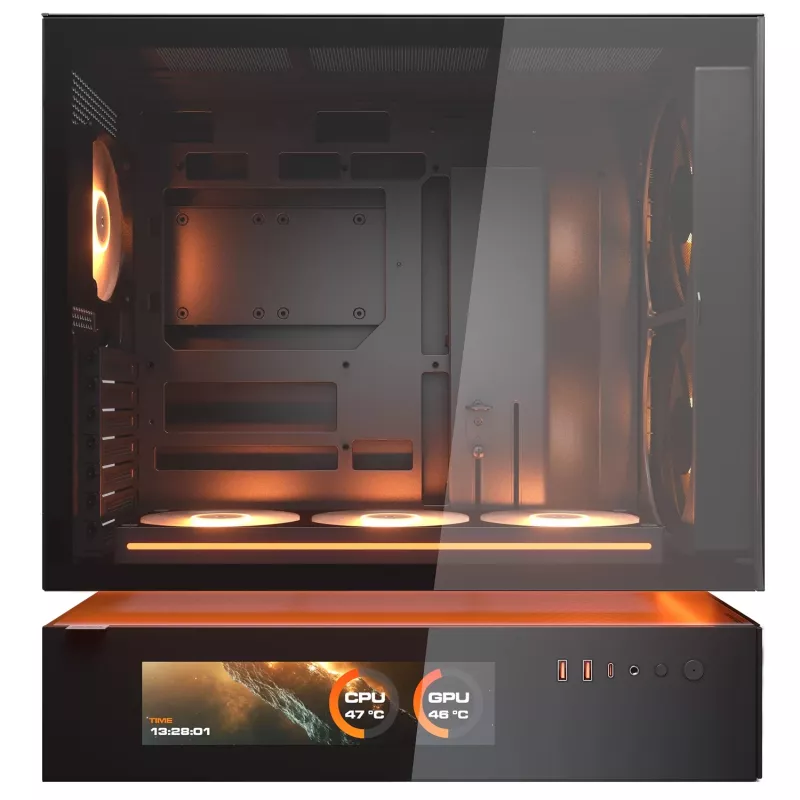 COUGAR CFV235 Vision Midi Tower korpusas — ARGB, 9.16 colio LCD 1920×462, tinklelis, priekyje 2×160 mm, gale 1×120 mm, juodas