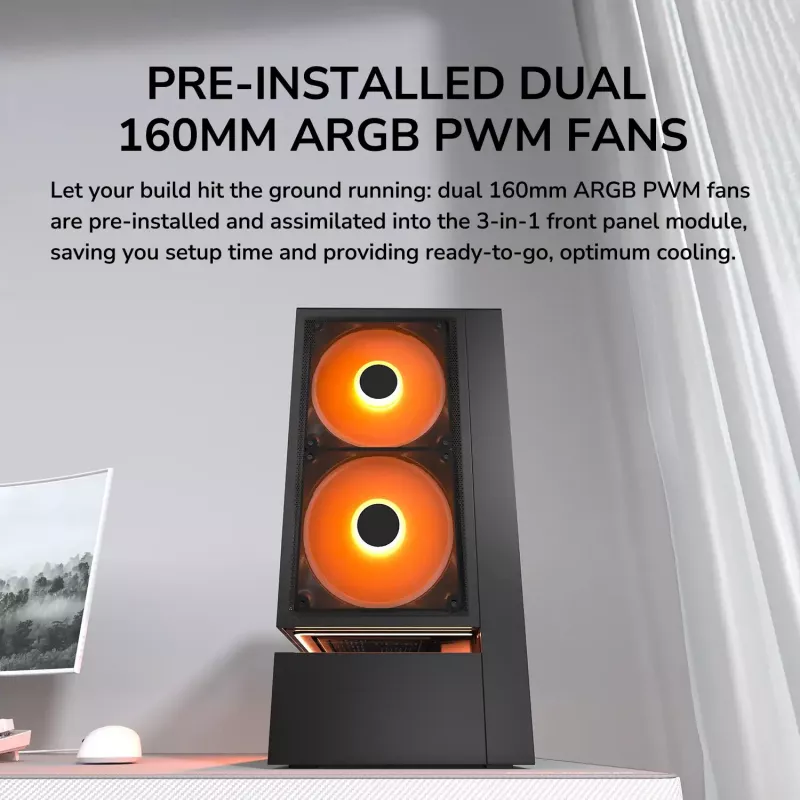 COUGAR CFV235 Vision Midi Tower korpusas — ARGB, 9.16 colio LCD 1920×462, tinklelis, priekyje 2×160 mm, gale 1×120 mm, juodas