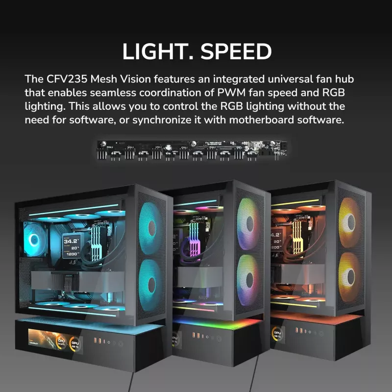 COUGAR CFV235 Vision Midi Tower korpusas — ARGB, 9.16 colio LCD 1920×462, tinklelis, priekyje 2×160 mm, gale 1×120 mm, juodas