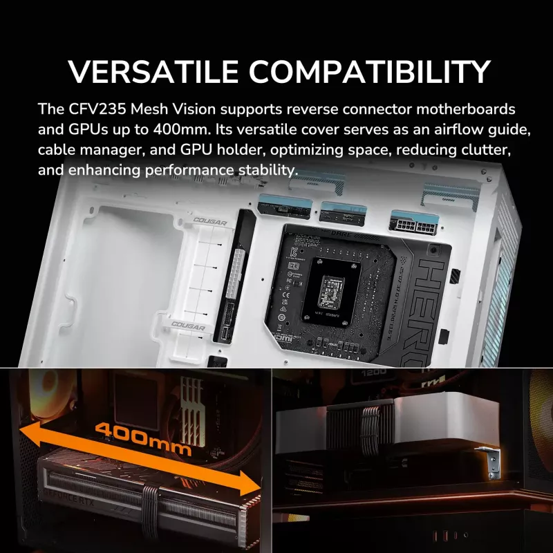 COUGAR CFV235 Vision Midi Tower korpusas — ARGB, 9.16 colio LCD 1920×462, tinklelis, priekyje 2×160 mm, gale 1×120 mm, juodas
