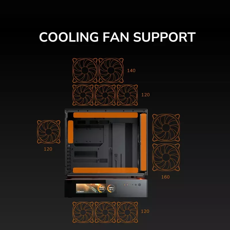 COUGAR CFV235 Vision Midi Tower korpusas — ARGB, 9.16 colio LCD 1920×462, tinklelis, priekyje 2×160 mm, gale 1×120 mm, juodas