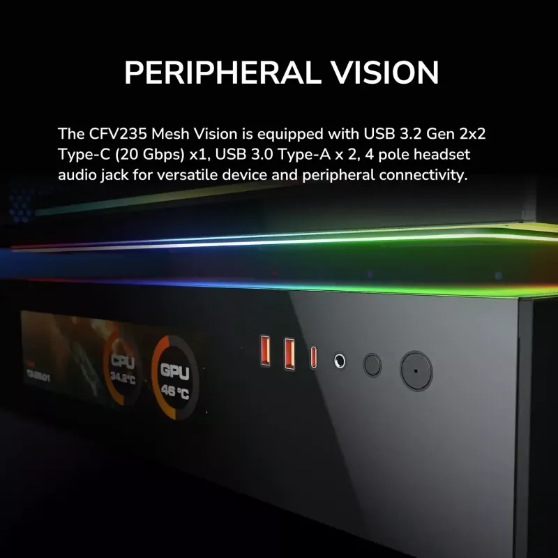 COUGAR CFV235 Vision Midi Tower korpusas — ARGB, 9.16 colio LCD 1920×462, tinklelis, priekyje 2×160 mm, gale 1×120 mm, juodas