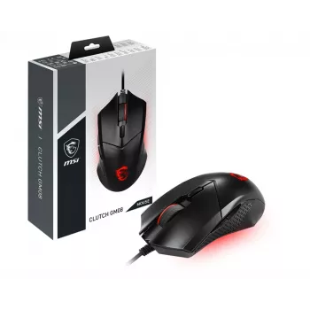 MSI CLUTCH GM08 Optinė žaidimų pelė, 4200 DPI, 6 programuojamų mygtukų, simetriškas dizainas, reguliuojamas svoris, raudonas LED