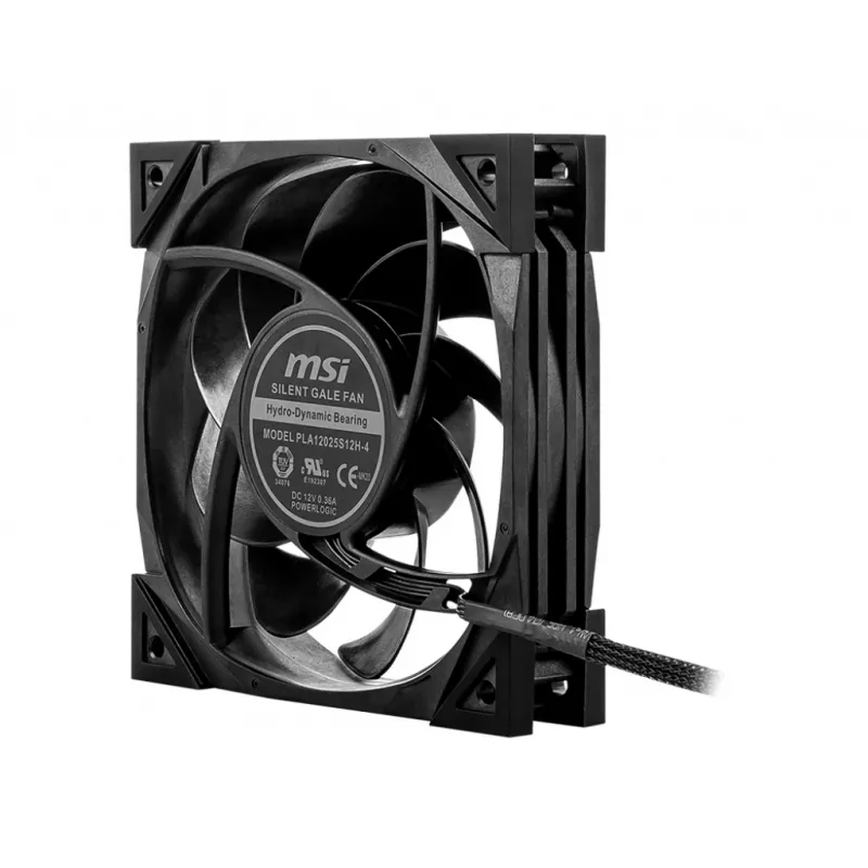 MSI MEG SILENT GALE P12 tylus premium ventiliatorius 120mm, PWM, subalansuotas statinis slėgis, LCP mentės, HDB guolis, antivibraciniai pagalvėliai, 300mm laidas