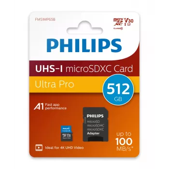 Philips FM51MP65B/00 microSDXC kortelė, 512 GB, Class 10, UHS-I U3, su adapteriu