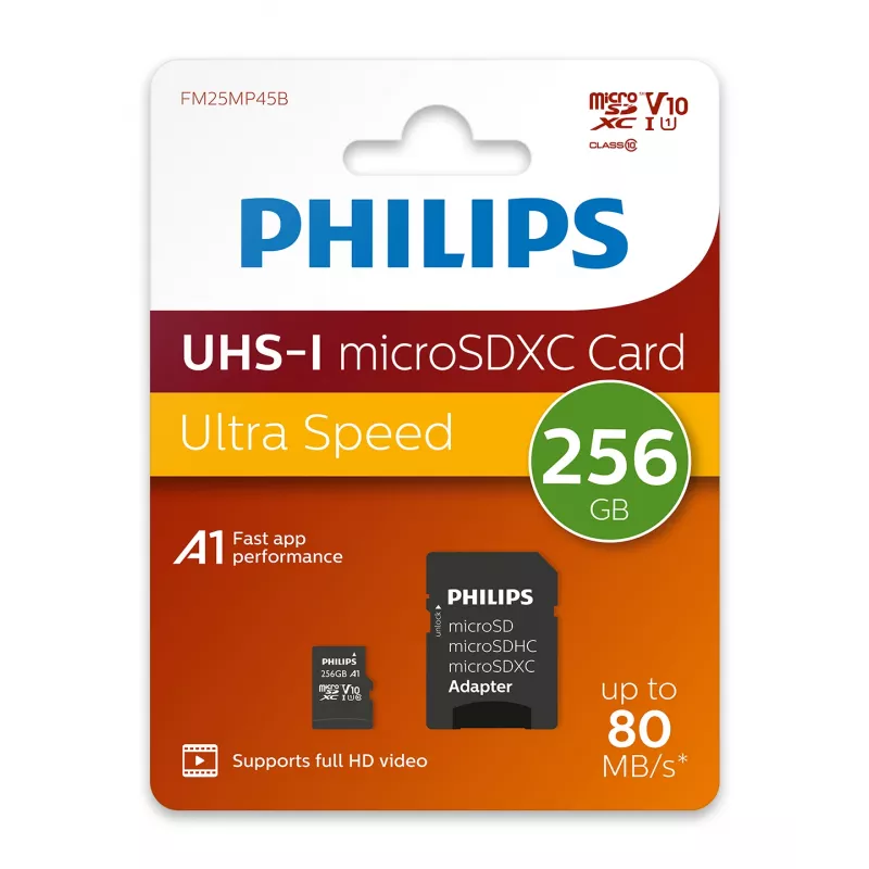 Philips FM25MP45B/00 microSDXC atminties kortelė, 256 GB, Class 10, UHS-I U1, su adapteriu