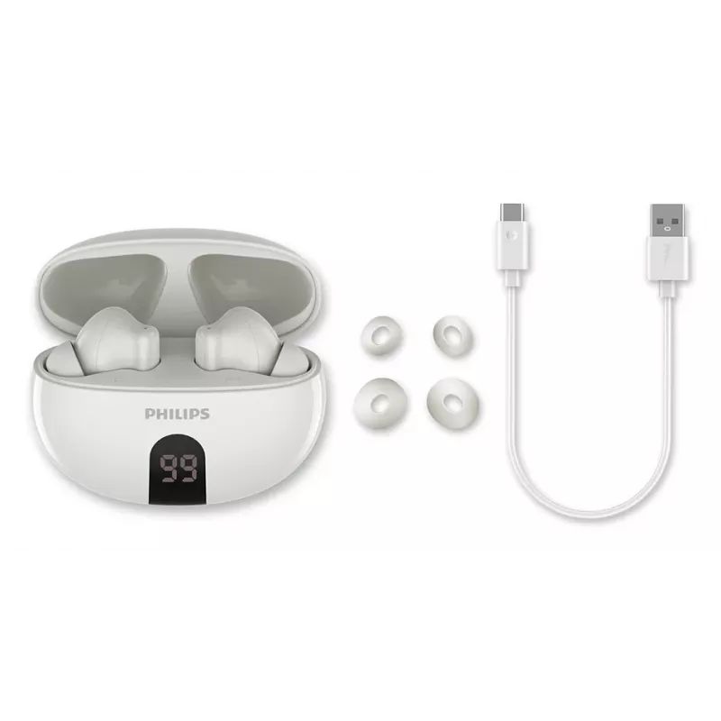 Belaidės ausinės į ausis Philips TAT2520WT/00 – Bluetooth, skambučiams ir muzikai, 20–20000 Hz, 10 m atstumas, baltos, 40 g