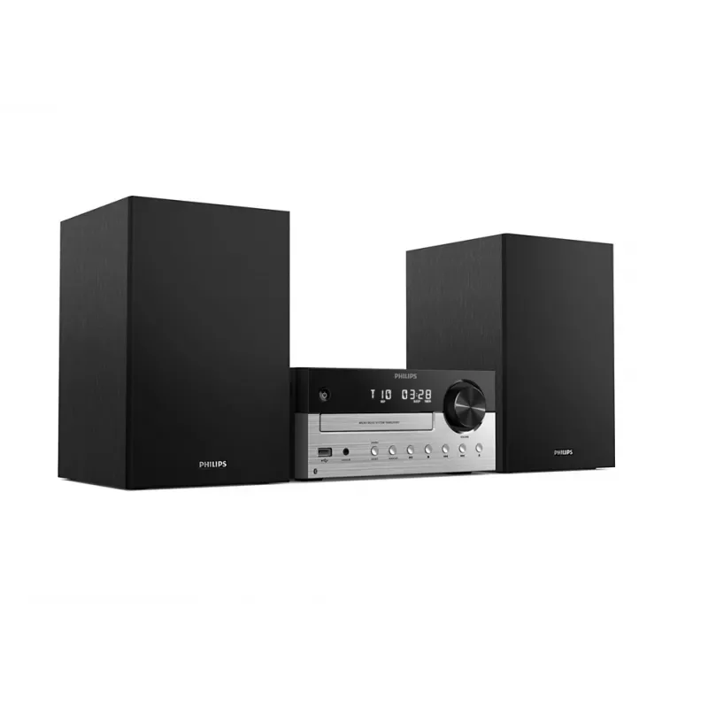 Philips TAM4205M2/12 namų garso mikro sistema – 80 W RMS, 2 krypčių garsiakalbiai, Bluetooth, FM, LED ekranas, diskų dėklas (Juoda/Sidabrinė)