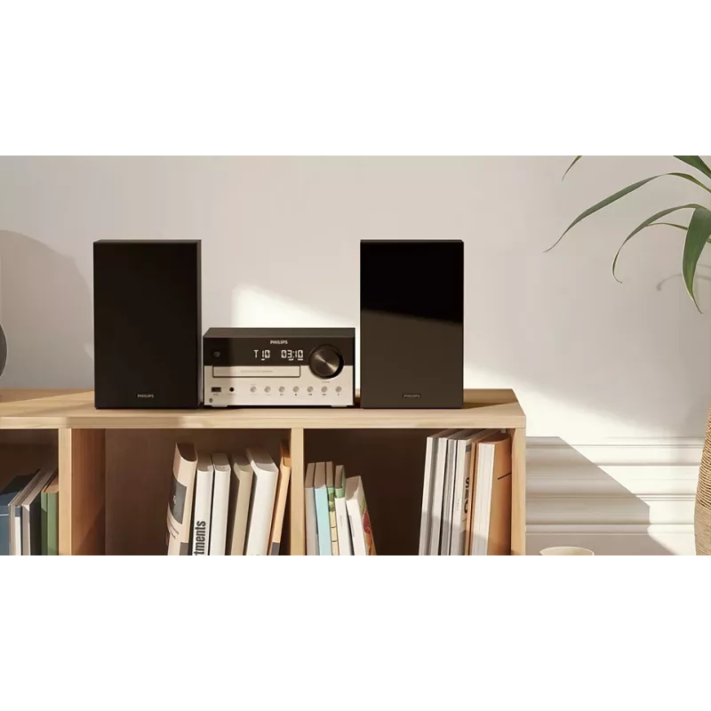 Philips TAM4205M2/12 namų garso mikro sistema – 80 W RMS, 2 krypčių garsiakalbiai, Bluetooth, FM, LED ekranas, diskų dėklas (Juoda/Sidabrinė)