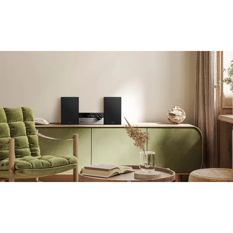 Philips TAM4205M2/12 namų garso mikro sistema – 80 W RMS, 2 krypčių garsiakalbiai, Bluetooth, FM, LED ekranas, diskų dėklas (Juoda/Sidabrinė)