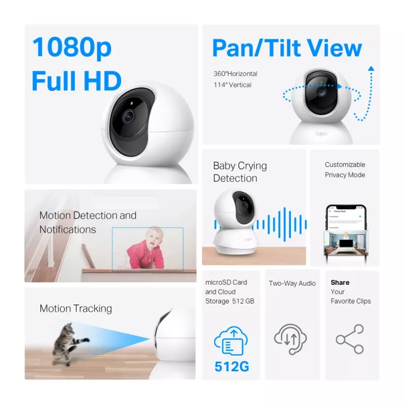 TP-Link Tapo Pan/Tilt belaidė namų apsaugos IP kamera, patalpų, 2400 MHz, stalas, juoda/balta
