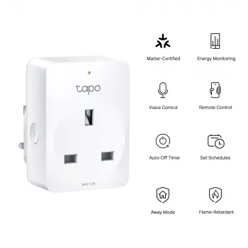 Išmanusis kištukas TP-Link Tapo Mini P110M – Wi-Fi/Bluetooth vidinis kištukas, 16 A, 100–240 V, 3680 W, baltas