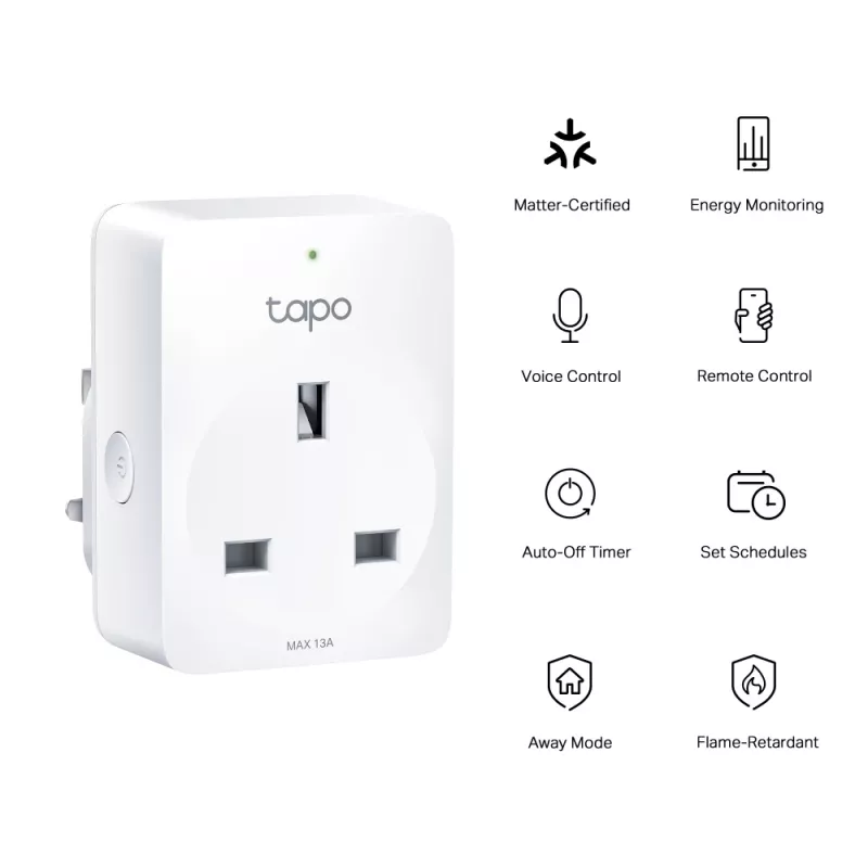 Išmanusis kištukas TP-Link Tapo Mini P110M – Wi-Fi/Bluetooth vidinis kištukas, 16 A, 100–240 V, 3680 W, baltas