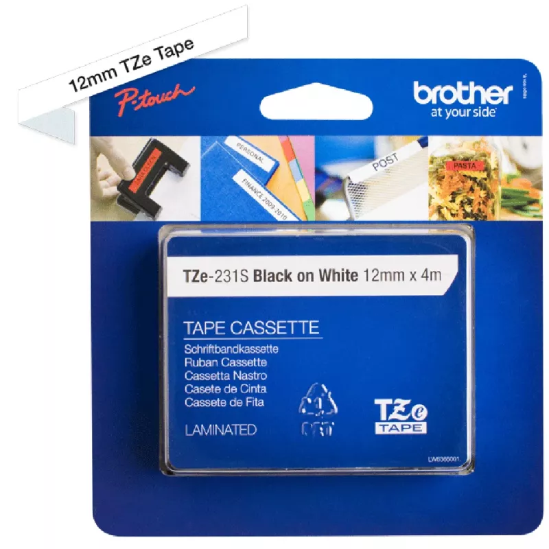 Brother TZE231S juosta etiketėms spausdinti, juoda ant baltos, TZe
