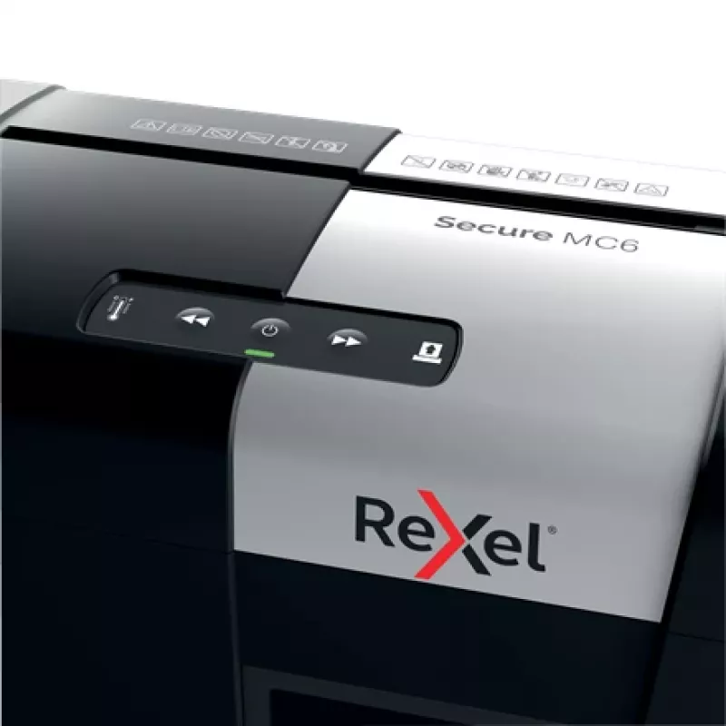 Rexel Secure MC6 Whisper-Shred popierinis smulkintuvas P5, mikro pjovimas, 2 x 15 mm, 18 L, 175 lapų, 55 dB, mygtukai