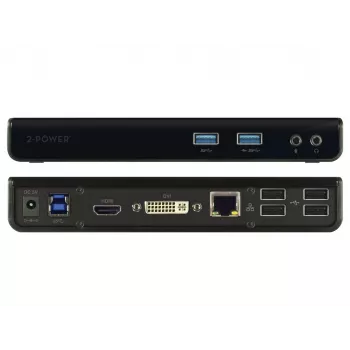 2-Power USB 3.0 dviejų ekranų dokų stotelė, jungtis: USB Type-A, USB Type-B, 3,5 mm, Gigabit Ethernet, juoda
