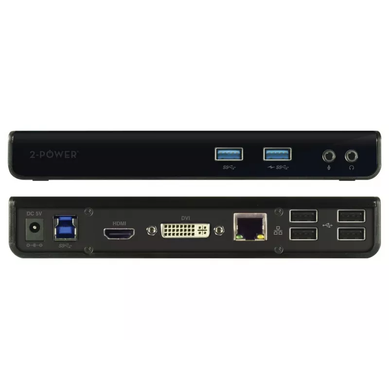2-Power USB 3.0 dviejų ekranų dokų stotelė, jungtis: USB Type-A, USB Type-B, 3,5 mm, Gigabit Ethernet, juoda