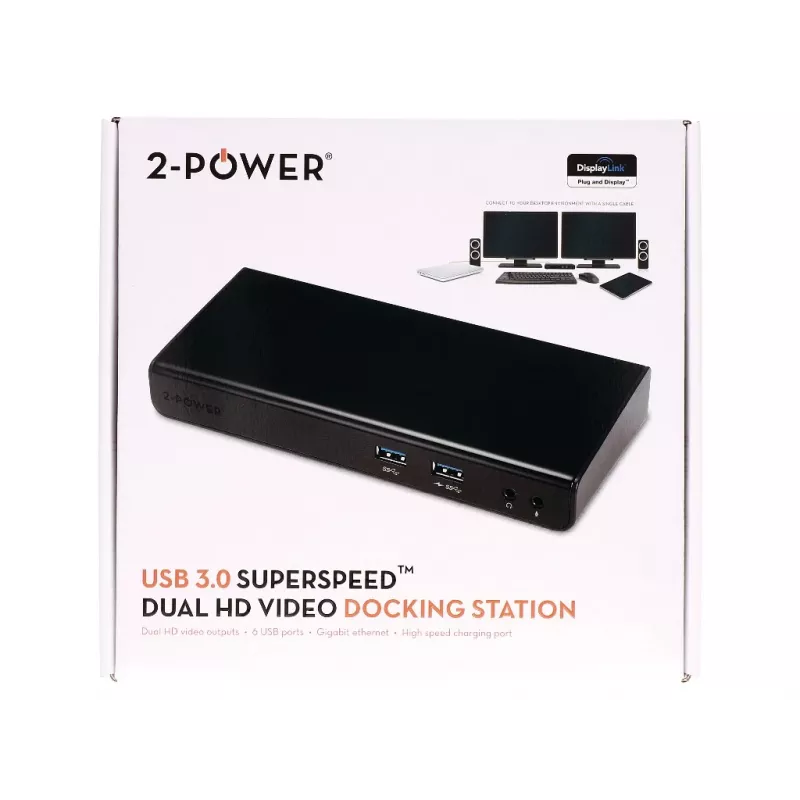 2-Power USB 3.0 dviejų ekranų dokų stotelė, jungtis: USB Type-A, USB Type-B, 3,5 mm, Gigabit Ethernet, juoda