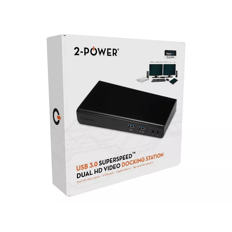 2-Power USB 3.0 dviejų ekranų dokų stotelė, jungtis: USB Type-A, USB Type-B, 3,5 mm, Gigabit Ethernet, juoda