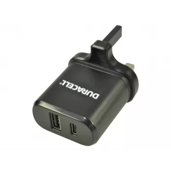 Duracell sieninis įkroviklis su USB-C ir USB-A, juodas