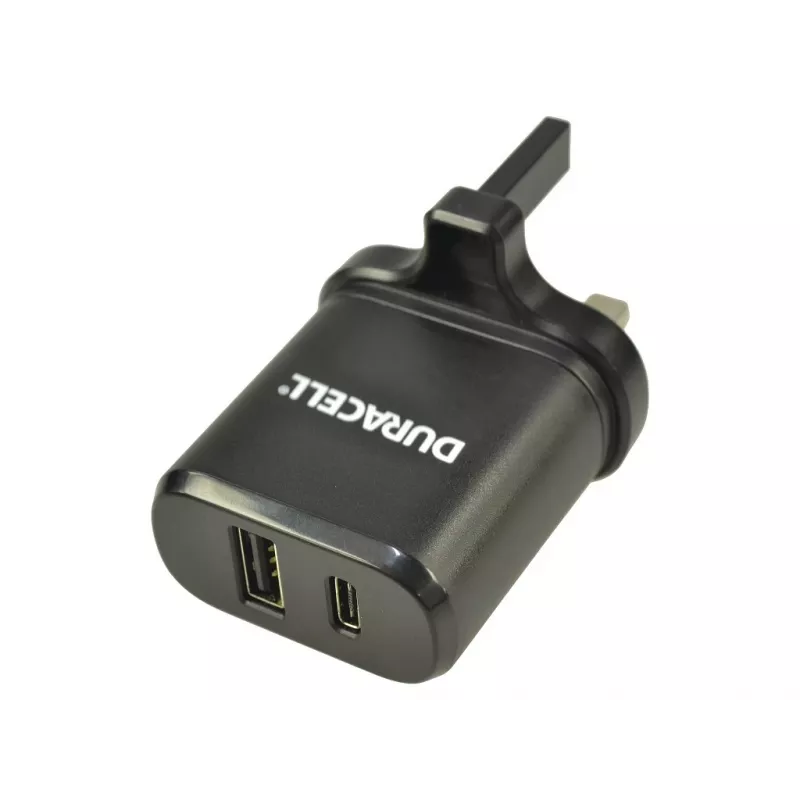 Duracell sieninis įkroviklis su USB-C ir USB-A, juodas