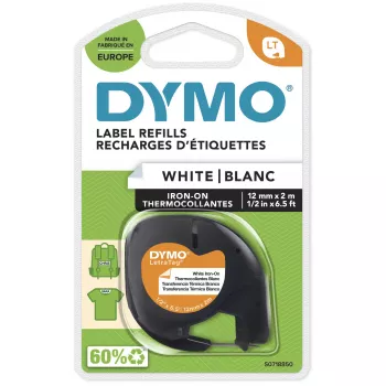 DYMO LetraTag lyginamos audinio etiketės | Autentiškos | 12 mm x 2 m ritinys | Juodas spausdinimas ant balto | Idealiai tinka uniformoms/vaikų drabužiams | LetraTag spausdintuvams