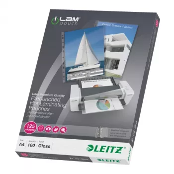 Leitz iLAM Išankstinės perforacijos A4 laminavimo maišeliai, 125 mikronai, pakuotė po 100 vnt.
