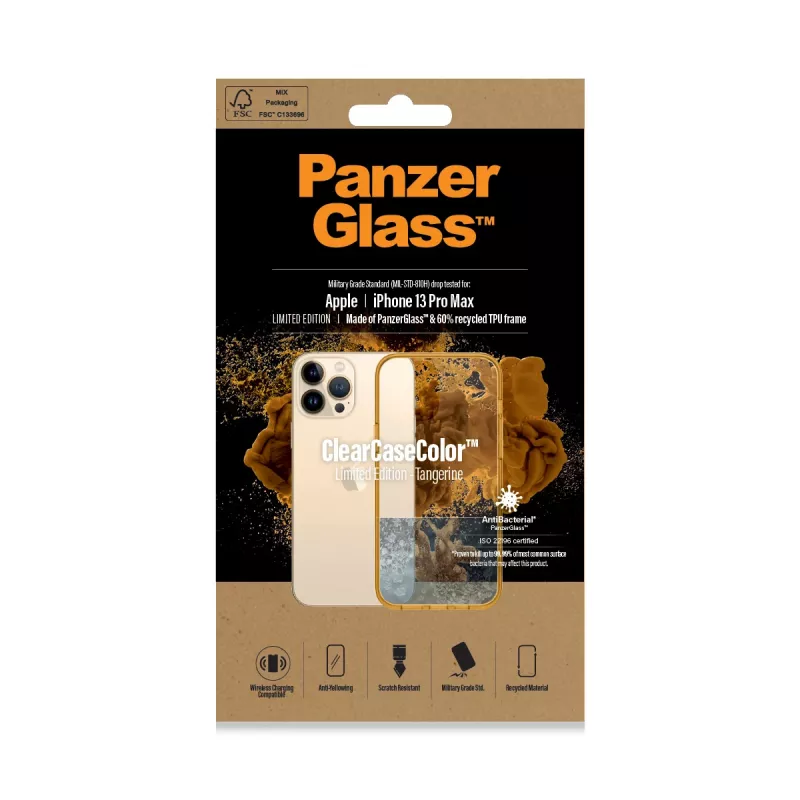 Apsauginis dėklas PanzerGlass ClearCase Color iPhone 13 Pro Max 6,7 colio – PET ir grūdintas stiklas, oranžinis