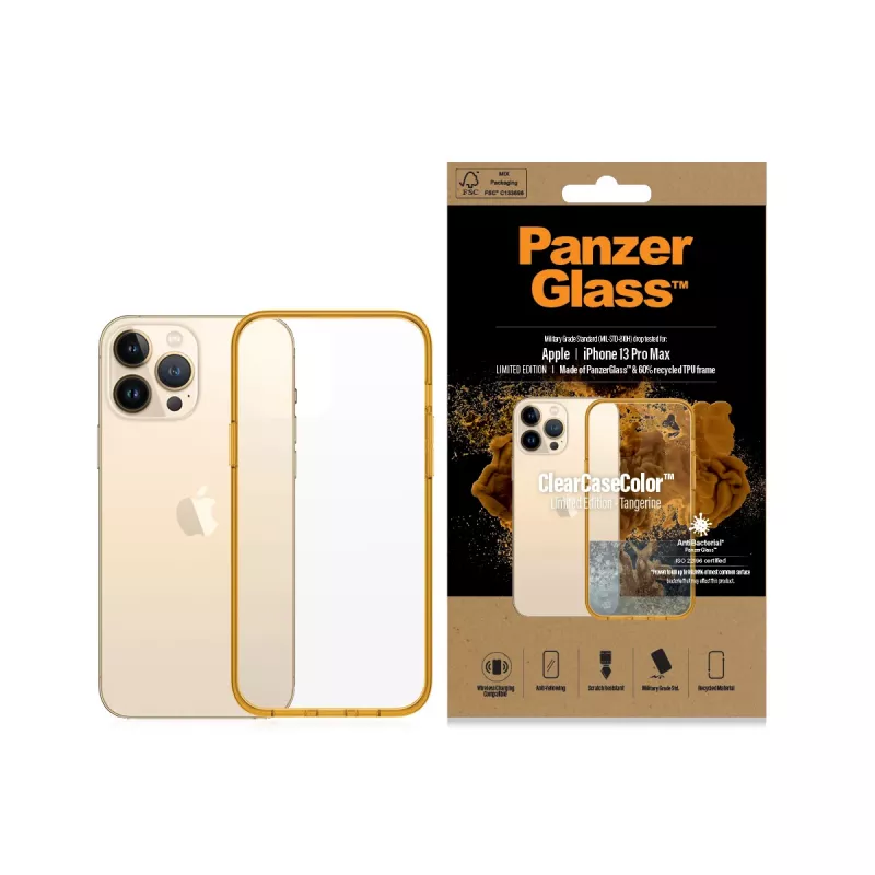 Apsauginis dėklas PanzerGlass ClearCase Color iPhone 13 Pro Max 6,7 colio – PET ir grūdintas stiklas, oranžinis