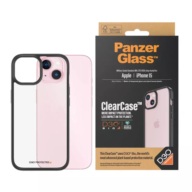 PanzerGlass ClearCase iPhone 15 permatomas dėklas su D3O® Bio