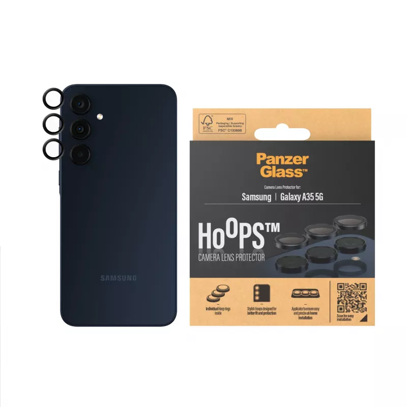 Apsauginis objektyvo stiklas PanzerGlass Hoops, Samsung Galaxy A35 5G, grūdintas stiklas, juodas rėmelis